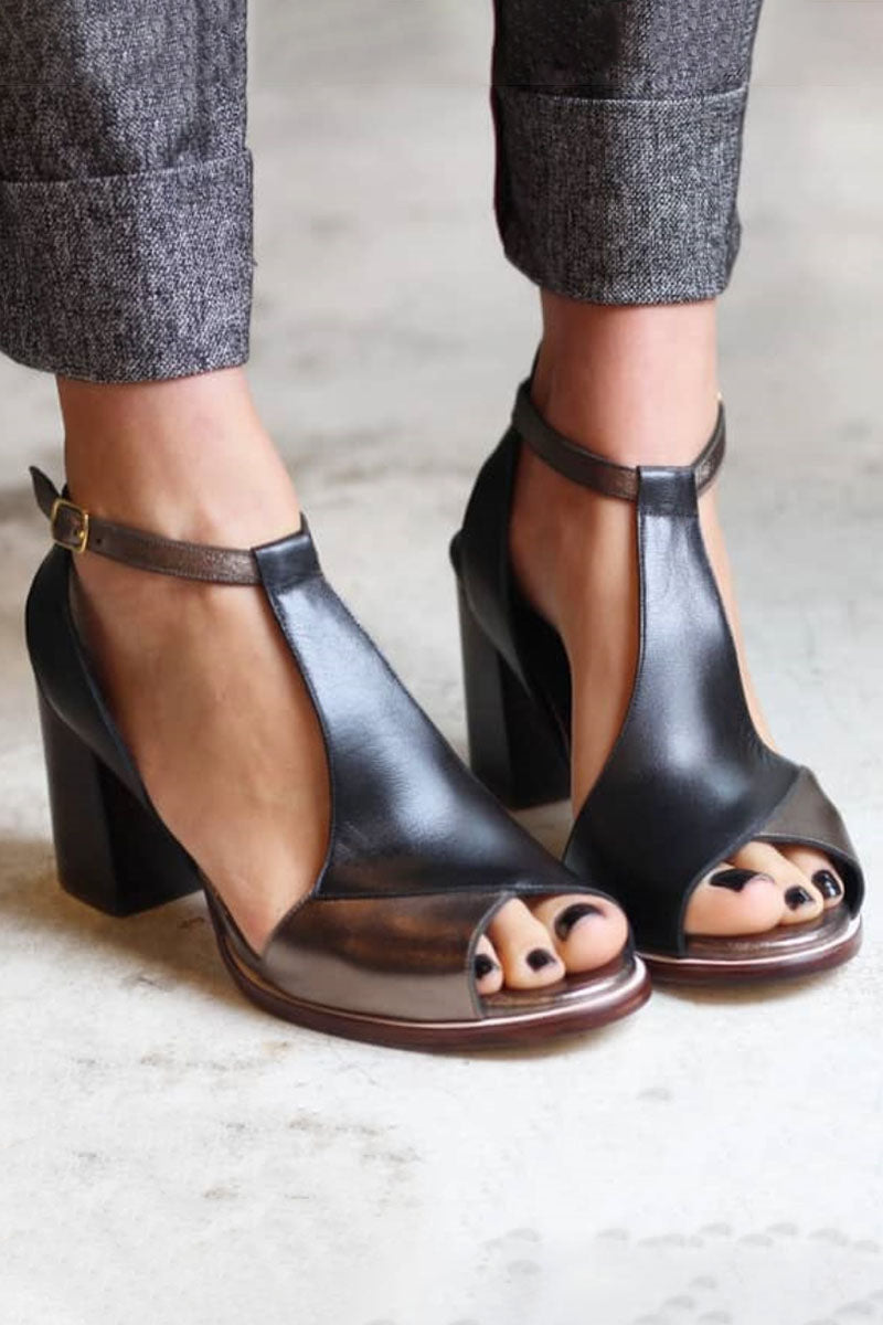 Nadaria | Black patchwork peep toe sandals with heels