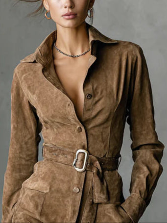 Celia | Long sleeve midi dress with lapel and single-button closure in suede