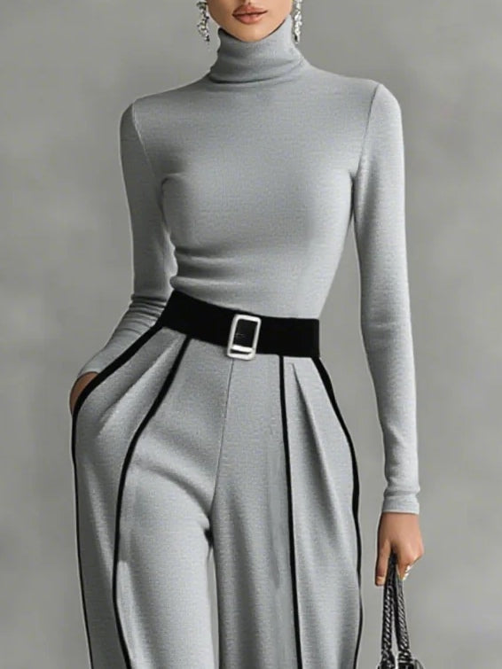 Carla | Long Sleeve High Neck Top Set with White Trim, Wide Leg Pants, and Belt