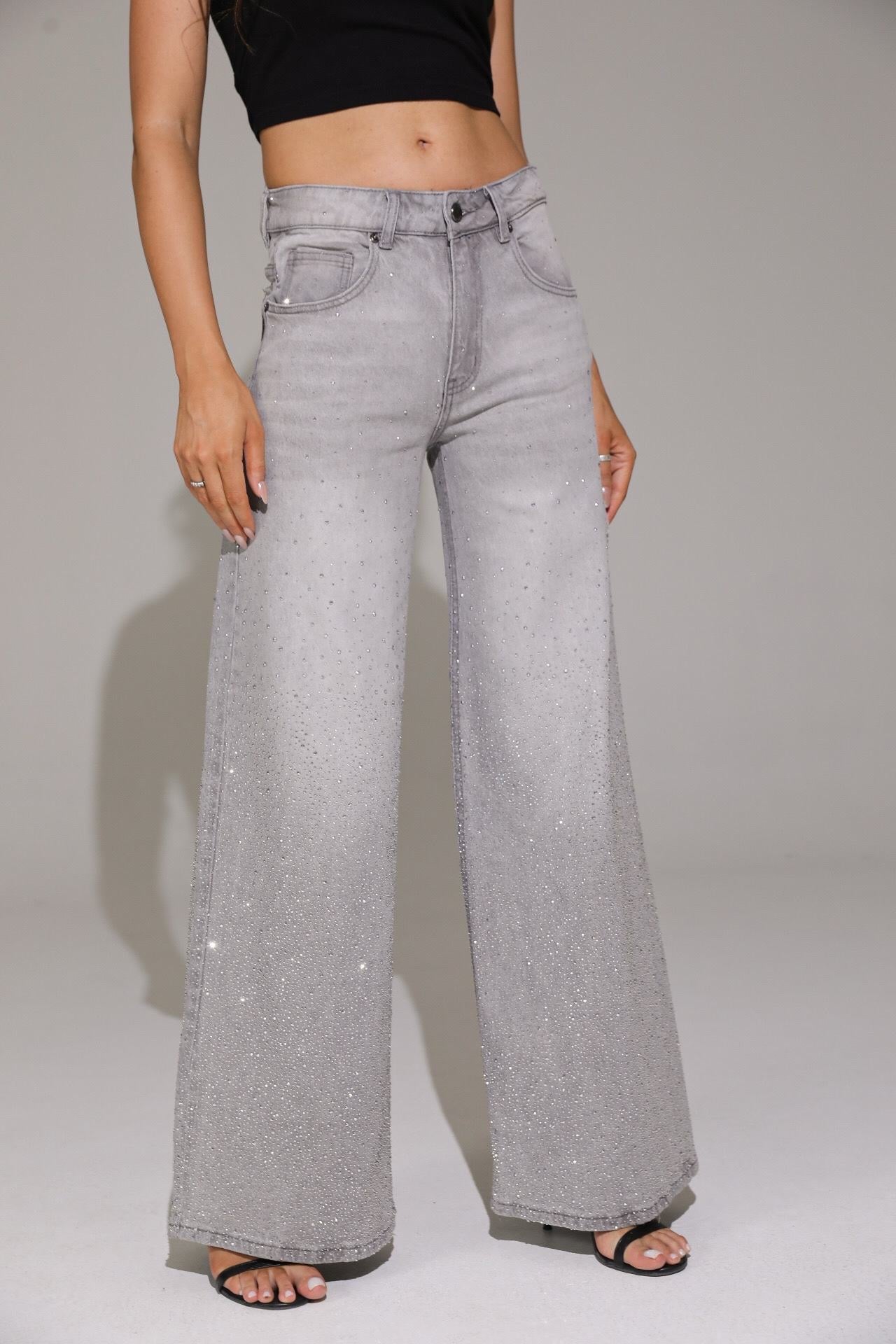 Glitter Wide Leg Jeans - Grey