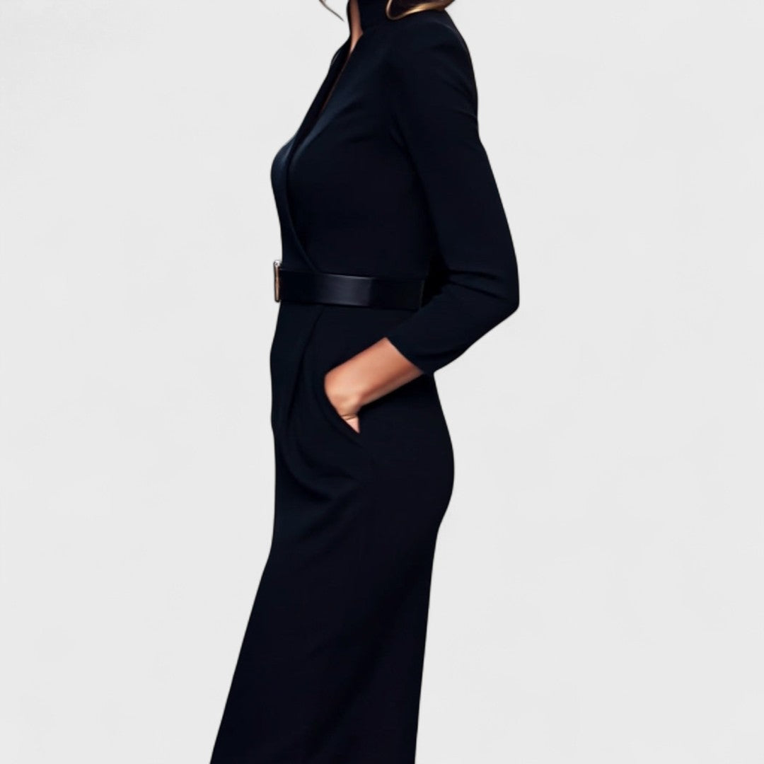 Mandarin - Refined Black Dress with Belt and Collar