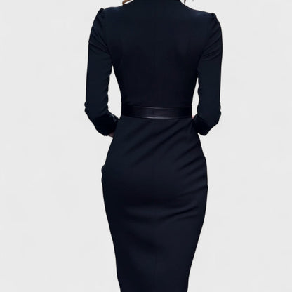 Mandarin - Refined Black Dress with Belt and Collar