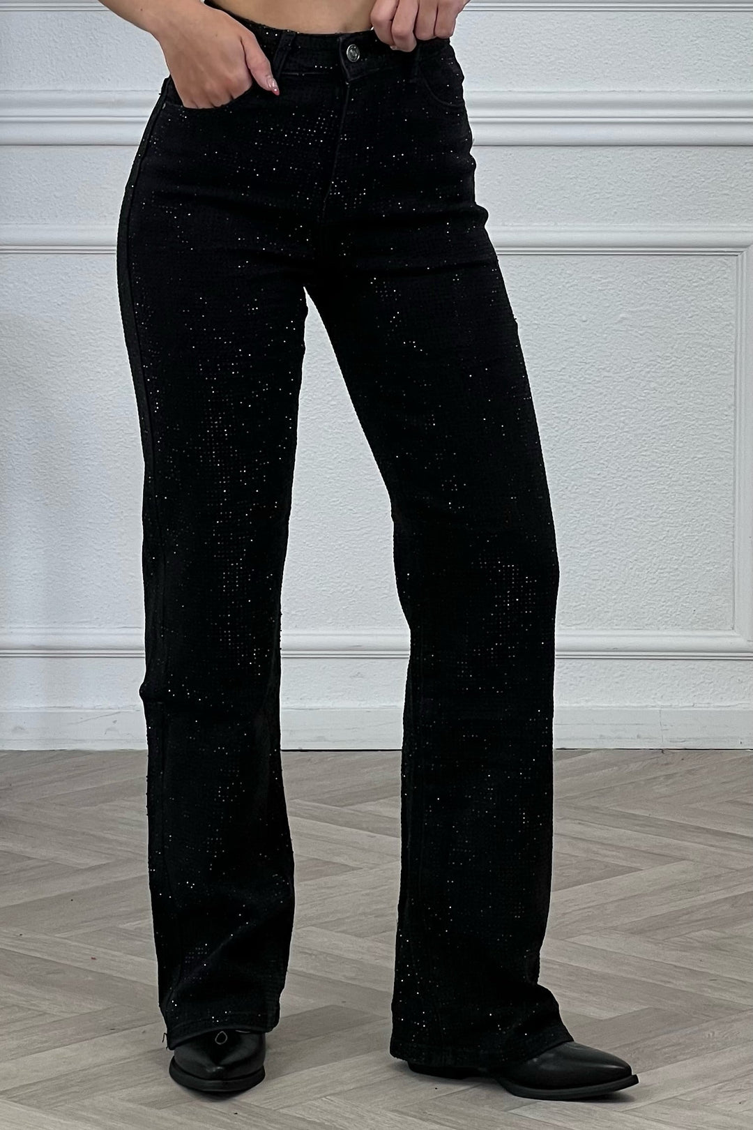 Super Stretch Wide Leg Glitter Jeans - Black