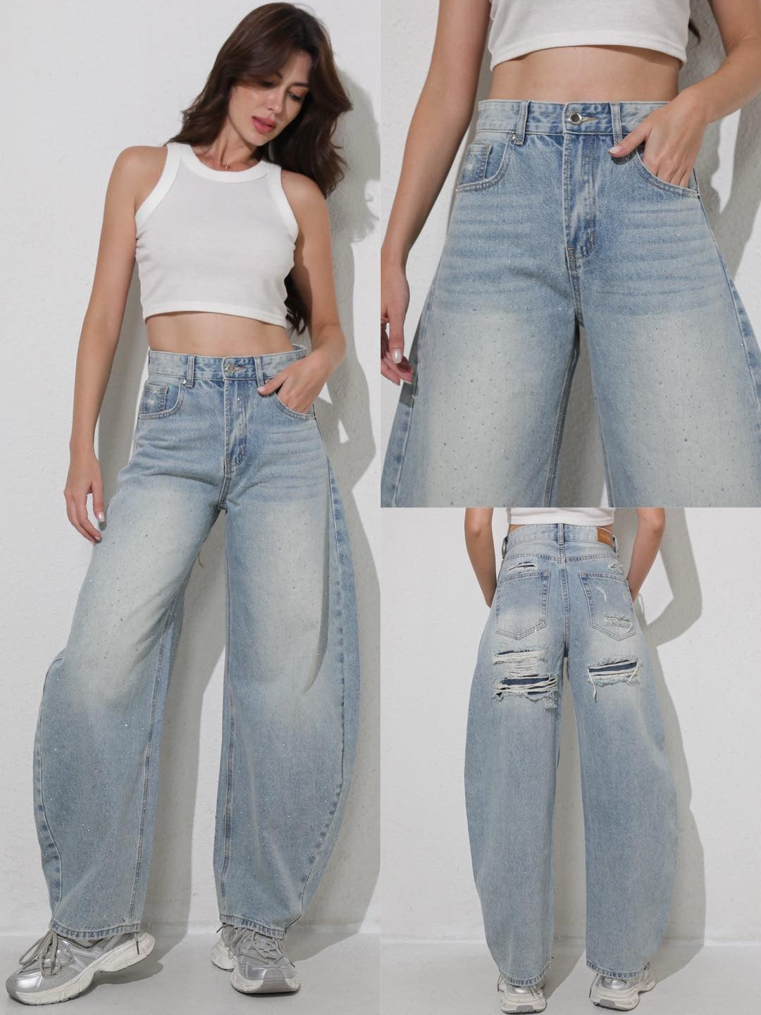 Damaged Balloon Glitter Jeans - Light Blue