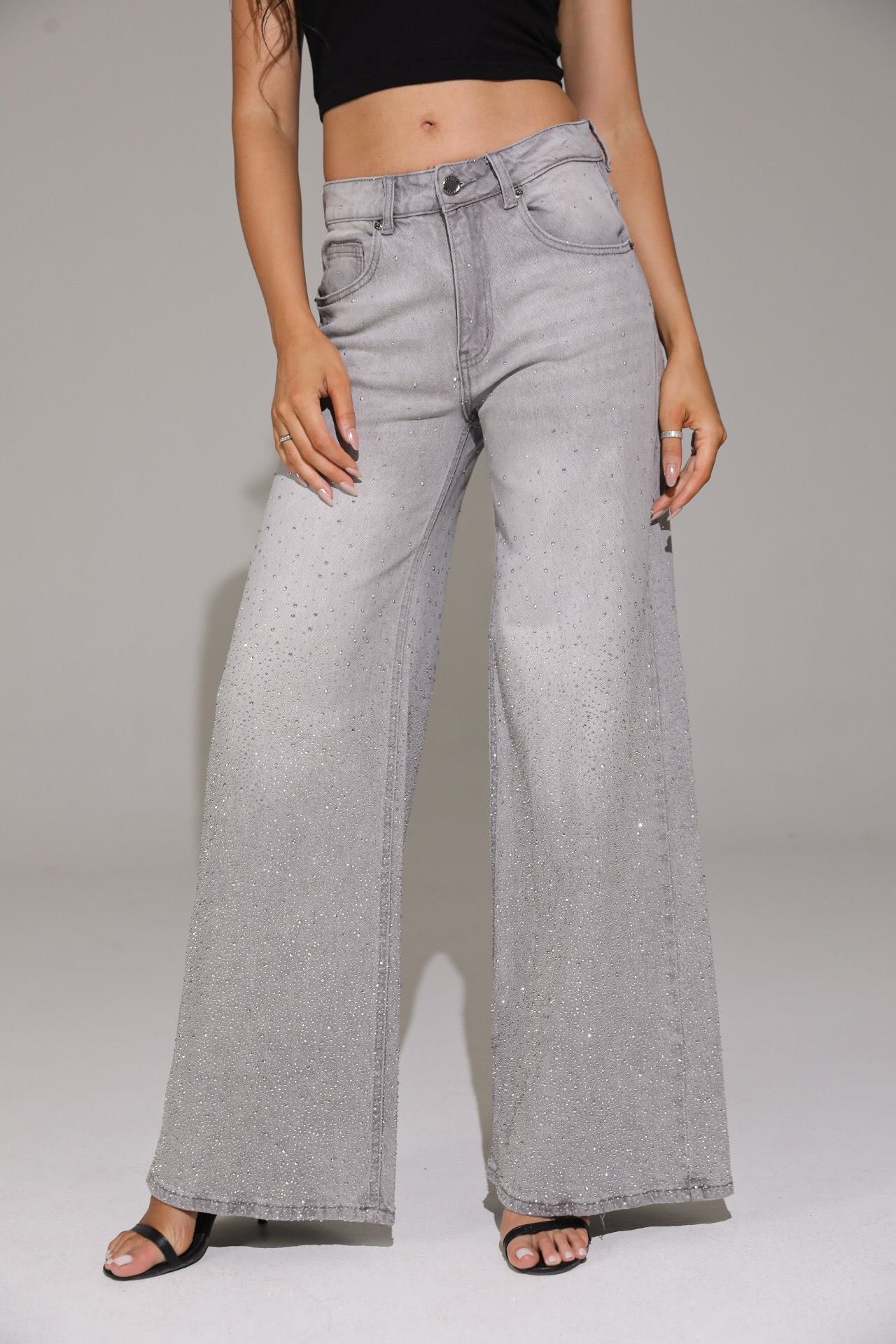 Glitter Wide Leg Jeans - Grey