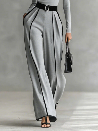 Carla | Long Sleeve High Neck Top Set with White Trim, Wide Leg Pants, and Belt