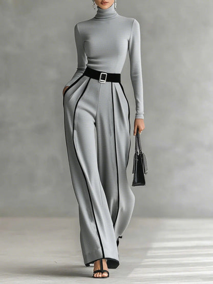 Carla | Long Sleeve High Neck Top Set with White Trim, Wide Leg Pants, and Belt