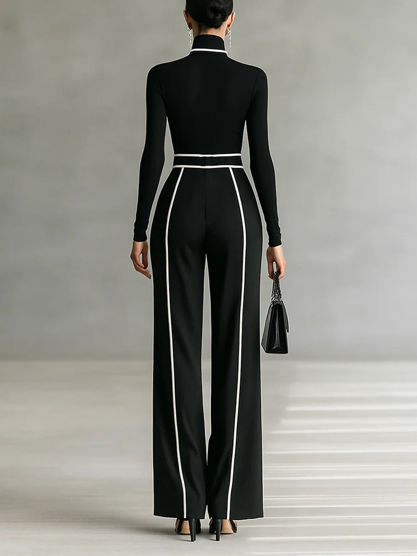 Carla | Long Sleeve High Neck Top Set with White Trim, Wide Leg Pants, and Belt